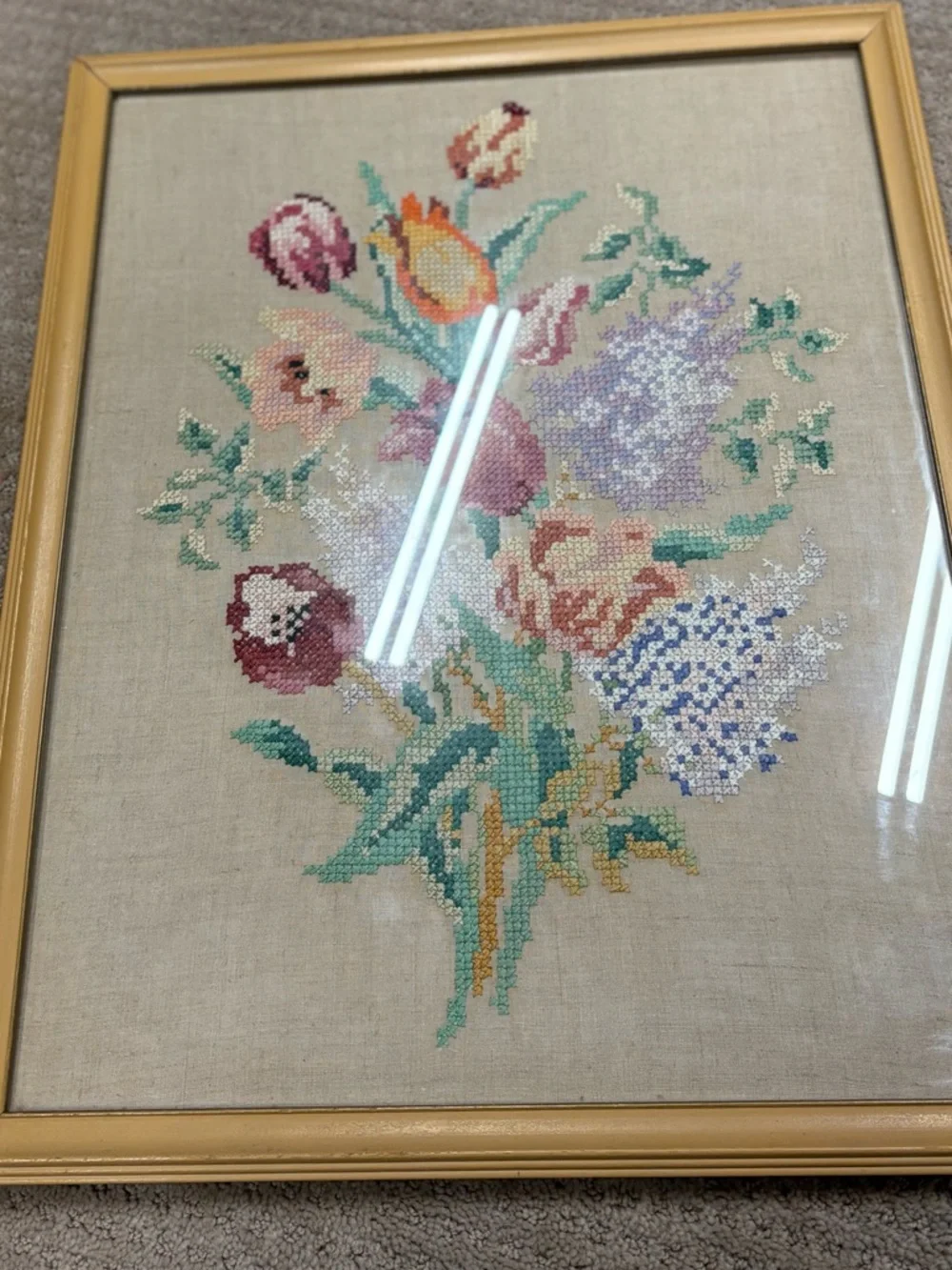 Vintage Hand Crafted Gold Frame Floral Needlepoint Tulips and Lilac - Picture 3 of 11